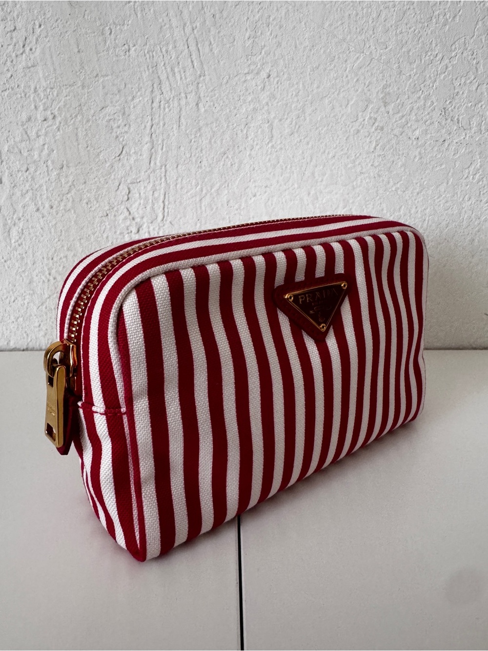Prada Red and White Striped Canvas Cosmetic Pouch - Picture 2 of 11